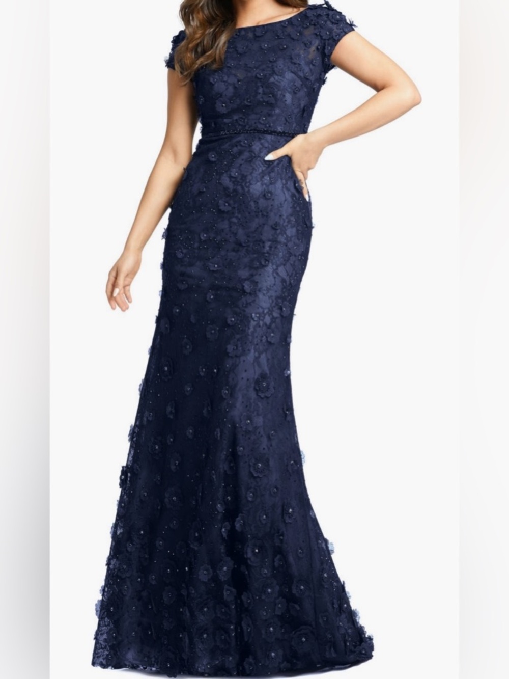 Mac Duggal Navy Floral Appliqué Lace Evening Gown 67711